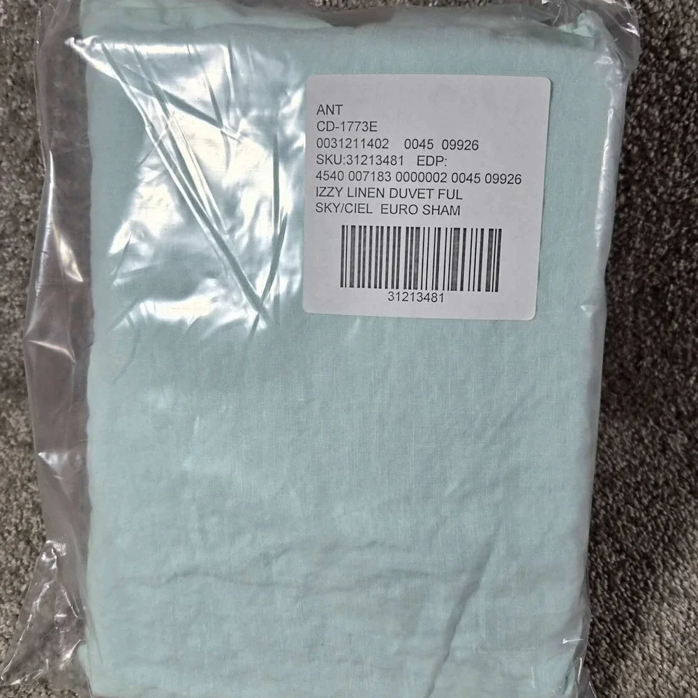 Anthropologie Izzy Duvet Full Cover Sky Blue Linen Euro Sham Set